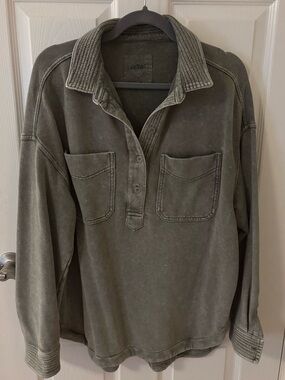 Aerie Popover Polo Sweatshirt Olive Green Small